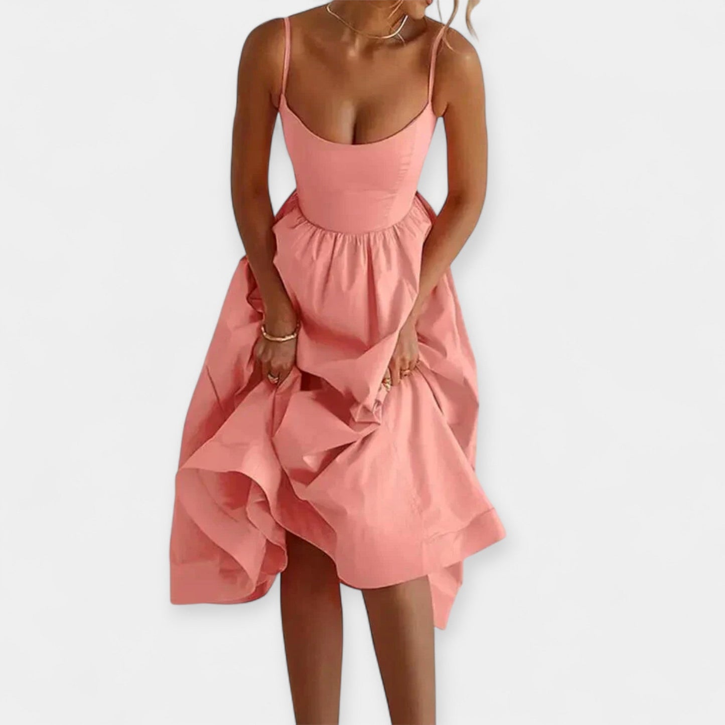 Midi Dress with Round Neckline and Straps